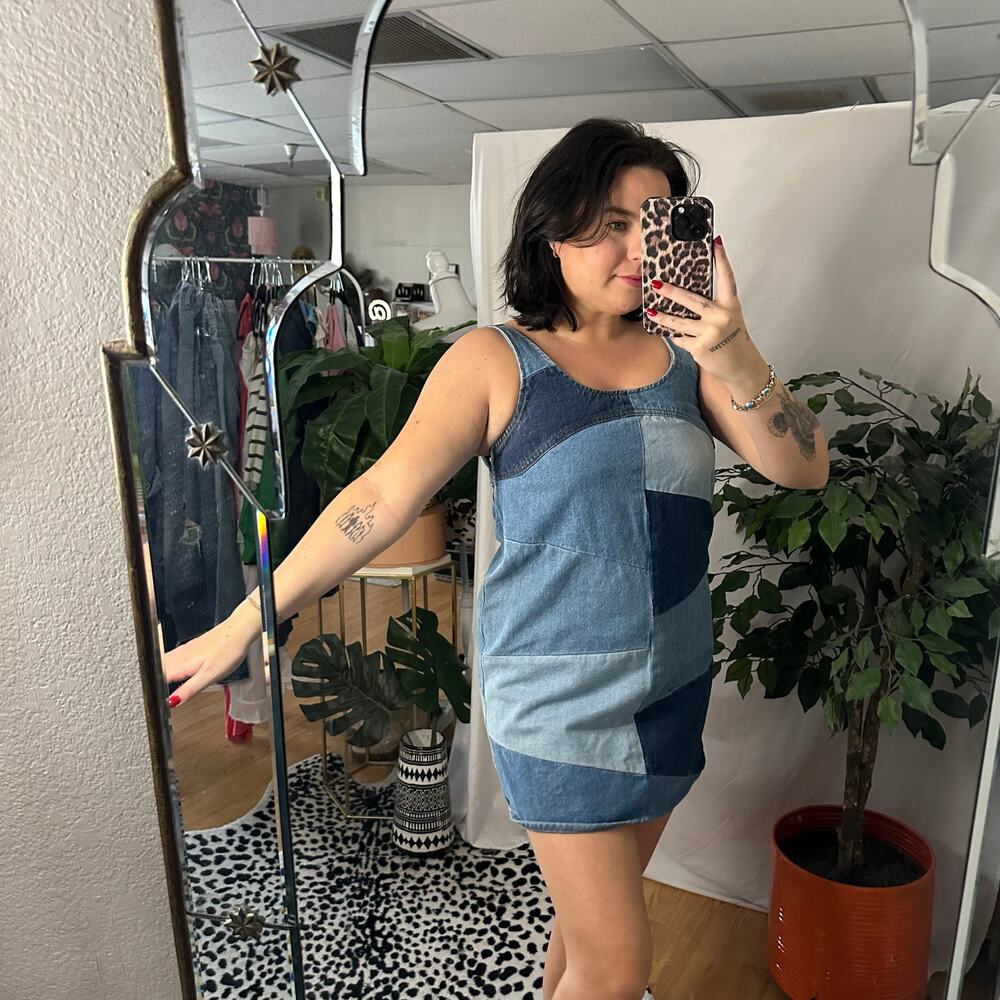 Frame Atelier Micro Flare Patchwork Denim Mini Dr… - image 6